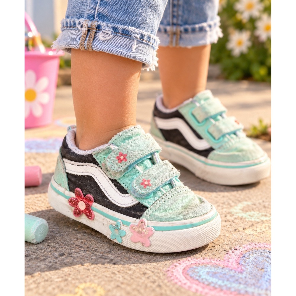 Vans Old Skool V Toddler Size 5 Mint Blue Black Flower Glitter Sneakers